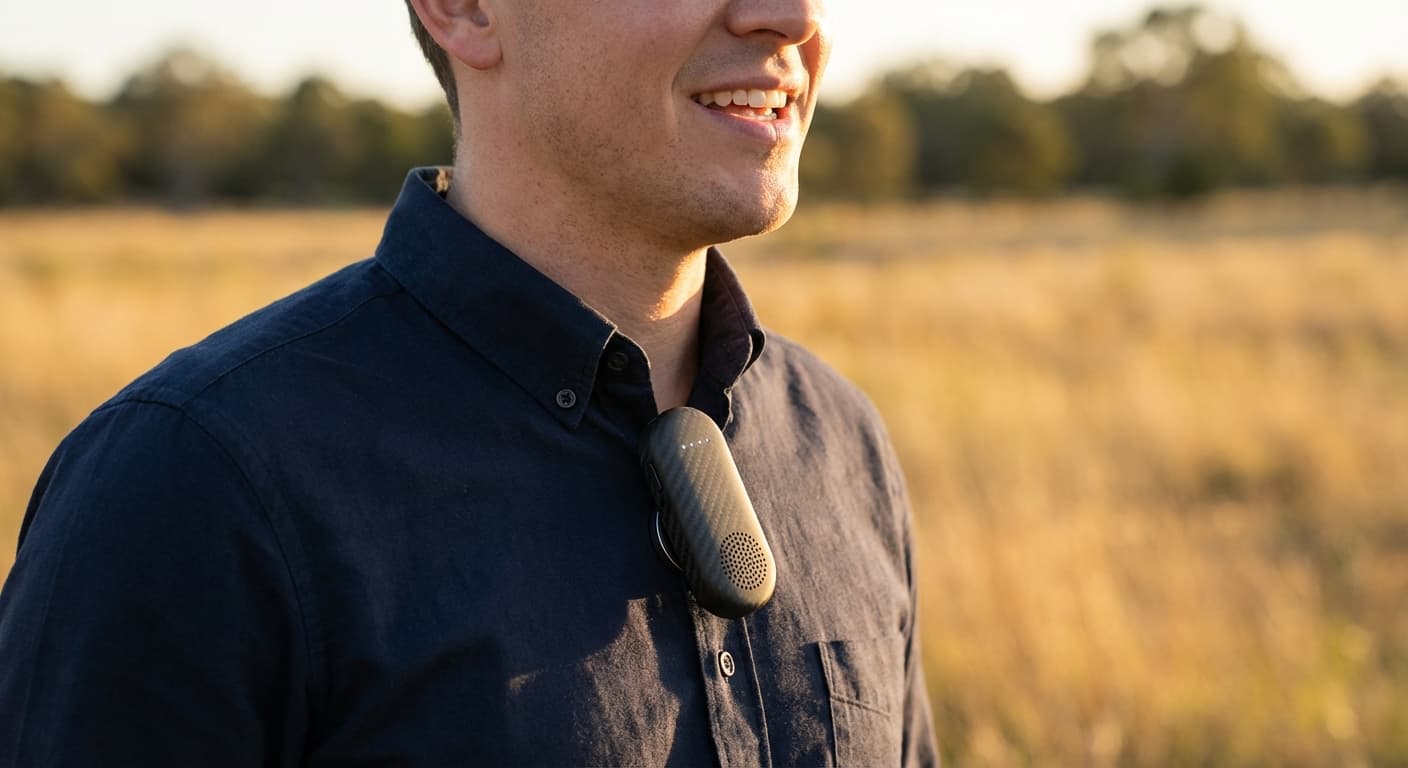 HVAC technician wearing the Tabrys device clipped to their shirt on a job site